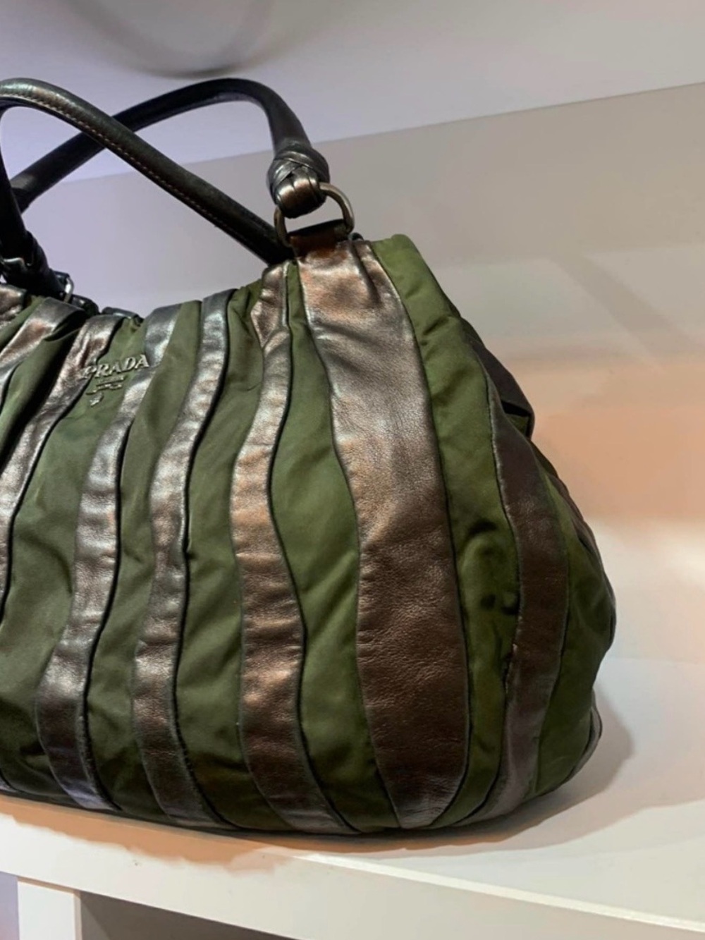 Prada Olive Green Tote with Brown Leather Straps - Picture 4 of 13